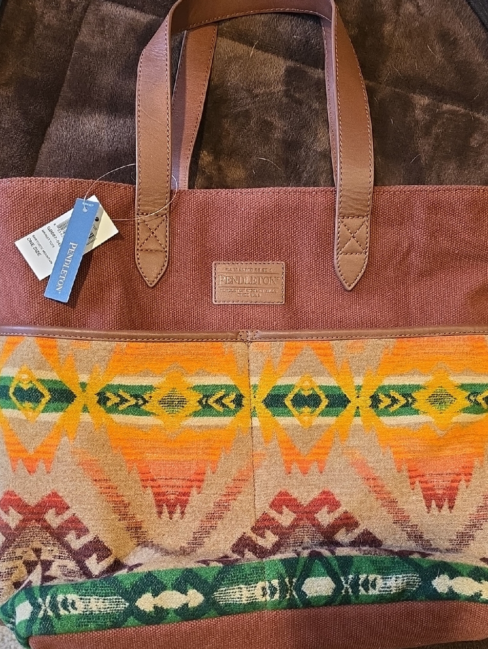 Pendleton Brown Canvas Tote with Yellow, Green & Orange Southwestern Stripe